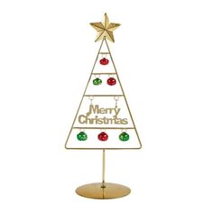 a metal christmas tree with ornaments on it's top and the words merry christmas