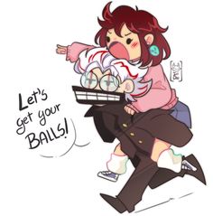 a woman carrying a tray full of eggs in her hand and the words let's get your balls on it