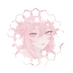 an anime character with pink hair and clouds above her head is looking at the camera