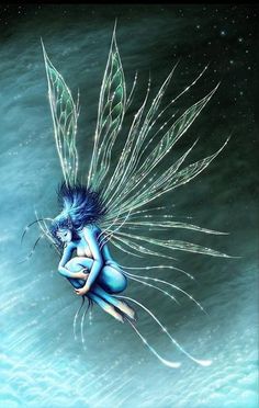 a painting of a blue fairy sitting on the water