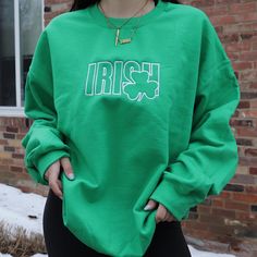 cotton/poly irish green crewneck with embroidered design! unisex adult sizing. these are made to order! please allow 2-4 weeks for shipment ᵕ̈ model is 5'5, usually a size small & wearing a size xlarge. Green Crew Neck T-shirt With Custom Embroidery, Green Long Sleeve Sweatshirt With Embroidered Graphics, Casual Green Sweater With Embroidered Graphics, Green Relaxed Fit Top With Embroidered Logo, Green Embroidered Crew Top, Relaxed Fit Green Top With Embroidered Logo, Green Embroidered Crew Neck Top, Green Long Sleeve T-shirt With Custom Embroidery, Green Embroidered Long Sleeve Sweatshirt