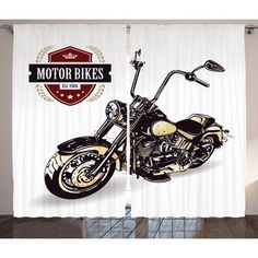 an image of a motorcycle on display in front of a curtain with the words motor bikes printed on it