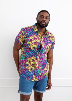 Style # M2094AF The Tahir Men's African Inspired Print Button Up Shirt is perfect for any man's wardrobe. This versatile button up shirt can be paired with denim shorts, jeans or a white pant. Perfect for making a splash for your next summer vacation or date night! Shop matching items here. Description Button-Up Shirt Short Sleeve Collared Neckline Pocket at Chest 97% Cotton/3% Spandex Stretch Poplin Designed in the US, imported Care Instructions Hand Wash. Mild Detergent. Do Not Bleach. Hang to African Inspired Fashion, Distressed Denim Shorts, Men's Wardrobe, Stretch Dress, Flowing Maxi Dress, Womens Size Chart, White Pants, African Inspired, Crop Tops Women