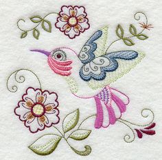 a white towel with a bird and flowers on it