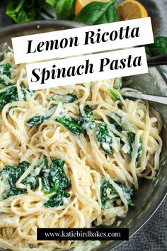 lemon ricotta spinach pasta in a bowl with basil leaves on the side and title overlay