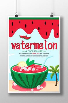 a watermelon poster hanging on a wall next to a table with fruit and ice cream