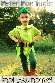 a little boy dressed up as peter pan and the words, knot sew normal