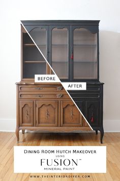 a dining room hutch makeover with black paint and white trim, before and after