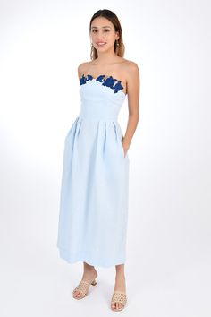 Linen strapless midi dress with embroidery. Available to custom make in any size and color combination. View color chart here. Lily Dress, Embroidered Midi Dress, Strapless Neckline, Blue Bridal, Linen Midi Dress, Strapless Midi Dress, Cotton Midi Dress, Spring Wardrobe, Floral Applique