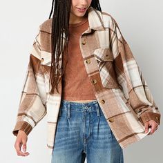 This oversized plaid shirt jacket from Arizona Jeans Co. junior's collection is perfect for layering while staying on trend. Made from soft knit, it has a classic point collar, drop shoulders, chest flap pockets, and long sleeves with button cuffs. Wear it layered over a t-shirt with jeans.Closure Type: ButtonFit: Regular FitNeckline: Collar NeckPockets: 3 Front Slip Pockets, 2 Chest Button PocketsSleeve Length: Long SleeveWarmth Factor: MidweightApparel Length: 29.5 InchesOuterwear Length: MidF Oversized Plaid Shirts, Junior Shirts, Shirt Jackets, Arizona Jeans, Style Shirt, Gray Jacket, Soft Knits, Plaid Shirt, Shirt Jacket