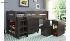 a child's bedroom with bunk bed, desk and toy storage bins on the floor