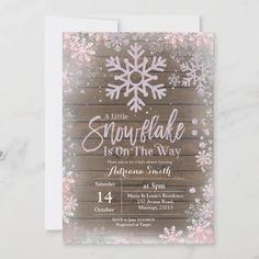 the snowflake is on the way birthday party card with pink and white flowers