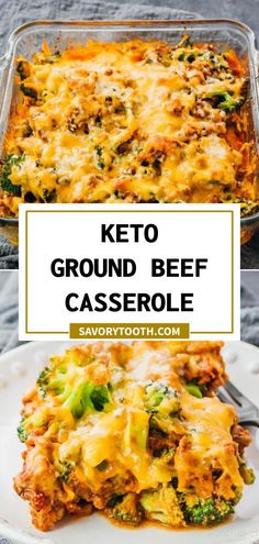 keto ground beef casserole with broccoli and cheese on the side