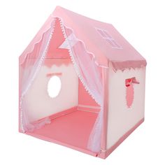 a pink play tent with white curtains on the top and bottom part, for girls