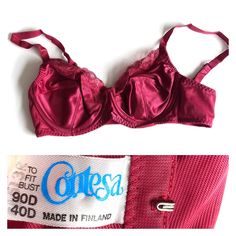 Vintage red wine bra by Contesa made in Finland. Full cups. Underwire. Lace detail. Excellent condition.  SIZE:  40D / 90D Bra Items, Full Cup Bra, Bra Lingerie, Lace Detail, Finland, Red Wine, Bordeaux, Lingerie, Wine