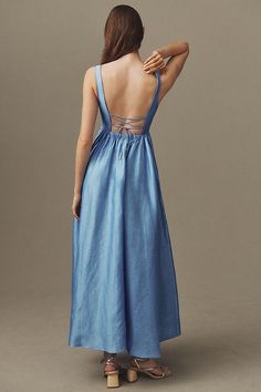 The Acler Sandgate Midi Dress exudes understated elegance, crafted from a comfortable linen blend and offering an elevated choice for any occasion with its sweetheart neckline, back bodice ties, inseam pockets, and fixed waistband. | Sandgate Sleeveless A-Line Midi Dress by Acler in Blue, Women's, Size: 6, Nylon/Linen/Viscose at Anthropologie Chic Summer Maxi Dress With Corset Back, Linen Maxi Dress With Smocked Back And Fitted Style, Fitted Linen Maxi Dress With Smocked Back, Elegant Vacation Dress With Lace-up Back, Elegant Lace-up Back Dress For Vacation, Sleeveless Linen Dress With Fitted Bodice, Linen Maxi Dress With Smocked Back, Elegant Linen Beach Dress With Tie Back, Elegant Linen Tie Back Dress For Vacation