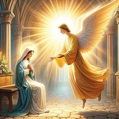 an angel kneeling next to a woman in front of a light shining down on her