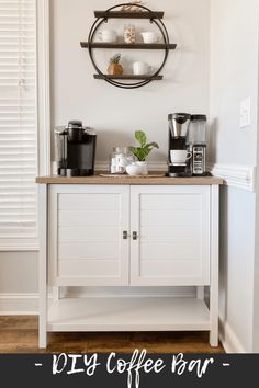 a coffee bar with shelves above it and the words diy coffee bar on top