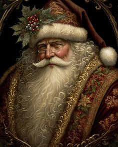 a painting of santa claus wearing a red and gold hat