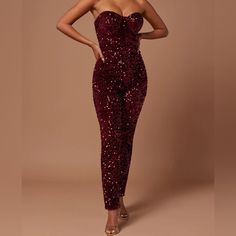 New With Tags!!! Christmas Party/Nye Jumpsuit. - Sz Xs - Fits A More Like A Small - Sequin Jumpsuit - Tube Top - Sweetheart Neckline - Padded Bra Cups - Hidden Back Zipper - Skinny Leg Chic Burgundy Party Pants, Chic Burgundy Pants For Party, Red Fitted Strapless Jumpsuit For Party, Burgundy Fitted Pants For Parties, Fitted Burgundy Pants For Party, Fitted Burgundy Bottoms For Party, Red High-waist Jumpsuit For Party, Red High-waist Jumpsuits And Rompers For Party, Red High Waist Jumpsuits And Rompers For Party