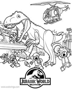 an image of a dinosaur in the wild with other animals and toys around it, coloring page