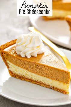 a slice of pumpkin cheesecake on a white plate with a gold fork next to it