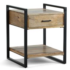 an end table with a drawer on one side and a metal frame around the top