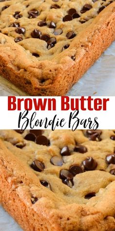 chocolate chip brown butter blondie bars with text overlay