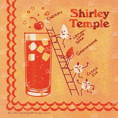 an advertisement for a cherry temple drink with cartoon characters around it and a ladder up to the top