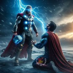 two men dressed as superman and thor in the middle of a thunder storm with lightning behind them