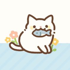 a cat with a fish in it's mouth and flowers on the ground next to it