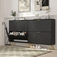 a black cabinet with shoes on it in a room next to a rug and pictures