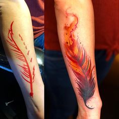 two people with tattoos on their arms, one is red and the other is black