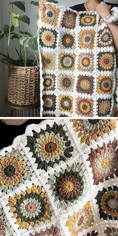 A woman is displaying a crocheted afghan. Modern Haken, Crochet Granny Square Tutorial, Granny Square Crochet Patterns Free, Crochet Quilt, Granny Square Blanket