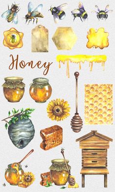 watercolor painting of honey and bees