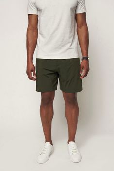 All-way stretch and buttery softness result in your new go-to shorts. Engineered for versatility, the AnyDay Shorts take you from the trails to the bar while feeling incredible and looking polished. Perfect For: Running errands, hiking, grabbing a bite to eat, working out Replaces: Chino shorts, athletic shorts Pairs With: EveryDay Crew, The Origin Tee Dubai Men Outfit, Green Shorts Outfit, Army Green Shorts, Green Chinos, Athletic Build, Men Closet, Vegas Outfit, Summer Shorts Outfits