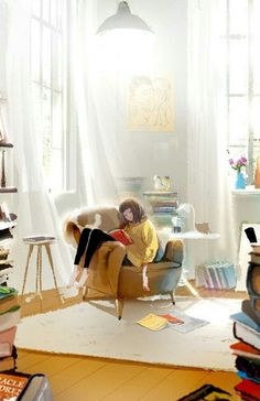 a person sitting on a chair in a room with lots of books and furniture around