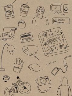 a drawing of various items on a piece of paper with the words happy written in it