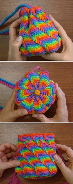 three pictures show how to crochet an object with yarn