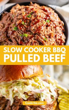 slow cooker bbq pulled beef sandwich with coleslaw and pickles on the side