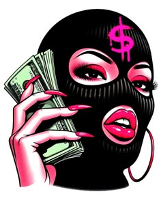 a woman in a mask holding money up to her face with pink paint on it