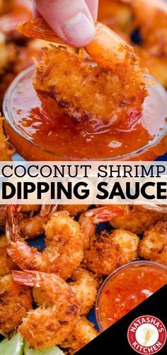 coconut shrimp dipping sauce in a glass bowl on top of a plate with the words, coconut shrimp dipping sauce