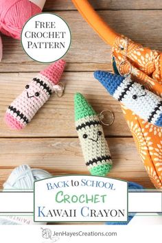 several crocheted items are arranged on a wooden surface with the title back to school crochet kawai crayon