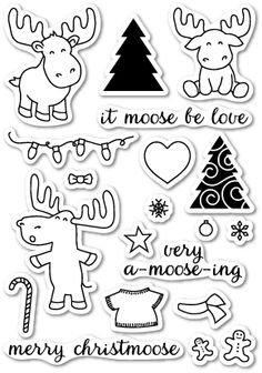 some christmas stickers on a white background with black and white lettering that says, it's moose be love