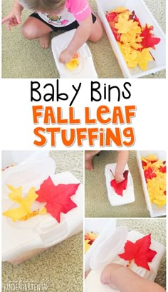 a collage of photos showing how to make fall leaf stuffings for baby bins