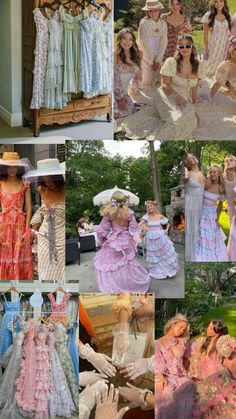 several pictures of women in dresses and bonnets at an outdoor event, one is wearing a large hat while the other wears a dress