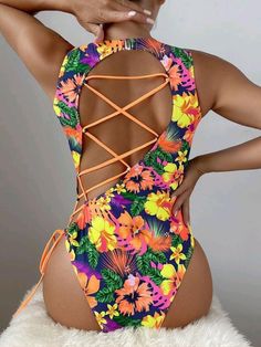 Vetement Hippie Chic, Bandage Bathing Suit, Tropical Swimsuits, Backless Swimwear, Backless One Piece Swimsuit, Orange Swimsuit, Cute Bathing Suits, Floral Swimsuit