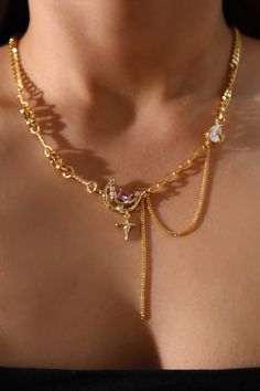 Star Jewelry Necklace, Gold Elegant Jewelry, Gold And Purple Jewelry, Moon Jewelry Aesthetic, Dark Purple Jewelry, Diamond Gold Necklace, Moon Star Necklace, Ethereal Jewelry, Diy Jewelry Display