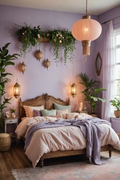 a bedroom with purple walls and plants on the wall