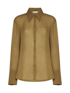 100% Viscose | Tory Burch Women's Collared Button Down Shirt in Ash Green | FW23/24 American Fashion Designers, Collars For Women, Feminine Aesthetic, Bohemian Chic, Skirt Suit, Yoga Wear, Dress Codes, American Style, Nightwear